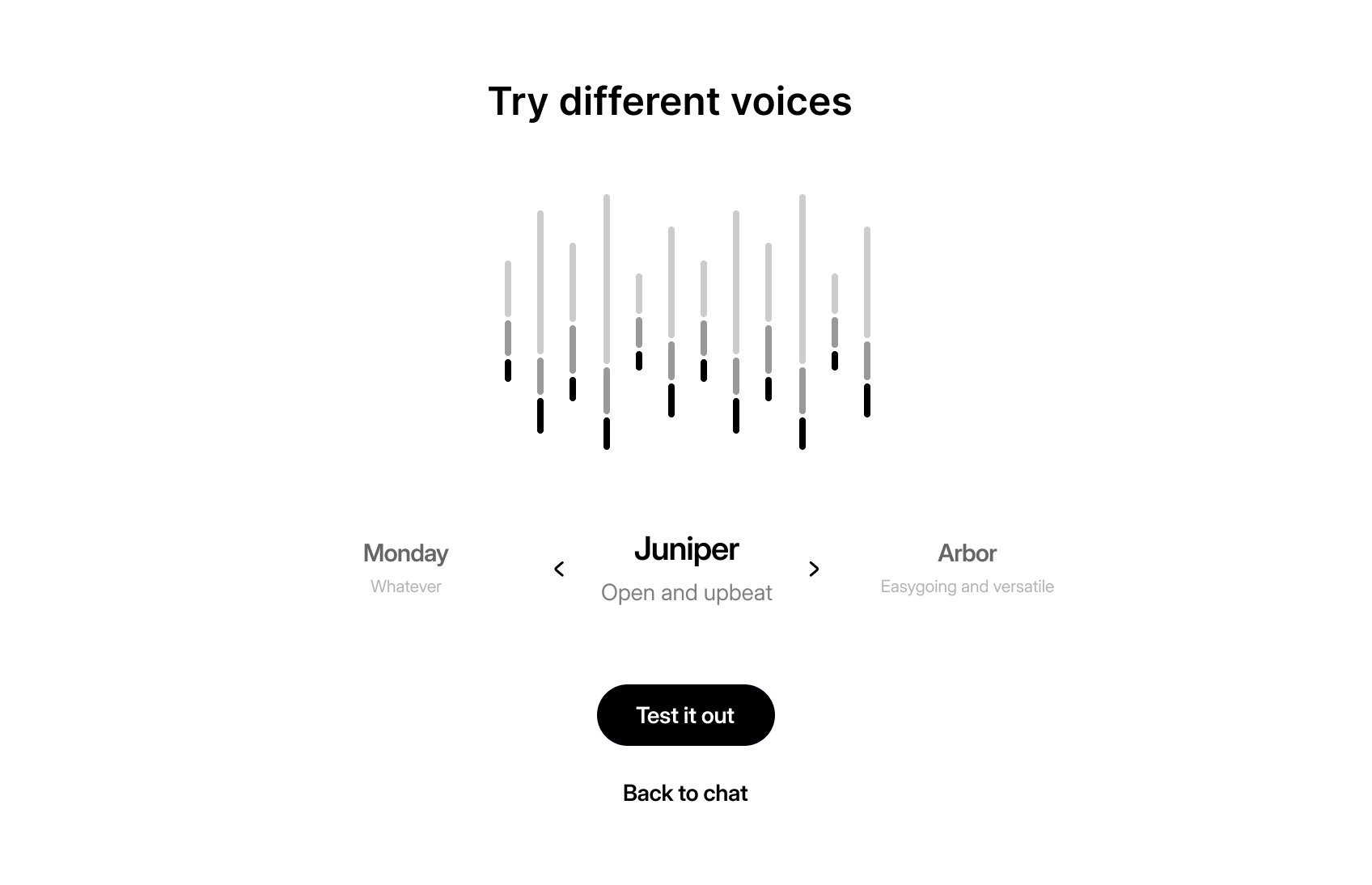User interface to try different voices with options Monday, Juniper, and Arbor, and a button labeled Test it out.