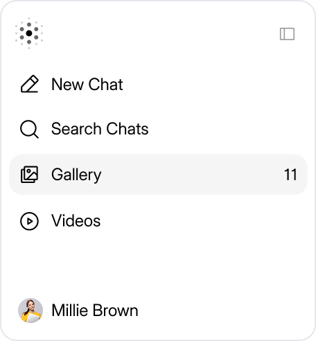Chat app menu with options for New Chat, Search Chats, Gallery with 11 items highlighted, Videos, and user profile Millie Brown.